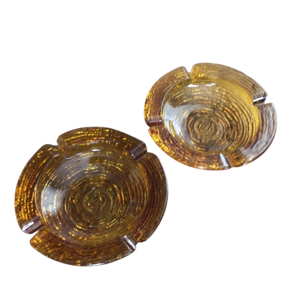 Sorento Anchor Hocking Ashtrays Set (2) Amber Gold Glass Vintage